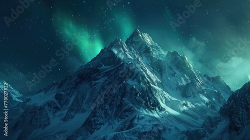 A snowy mountaintop under the glow of the northern lights