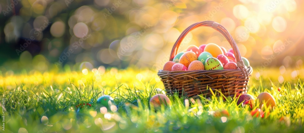 Easter eggs in a basket sitting on the lush green grass during a sunny day. Easter eggs in a basket sitting on the lush green grass during a sunny day.