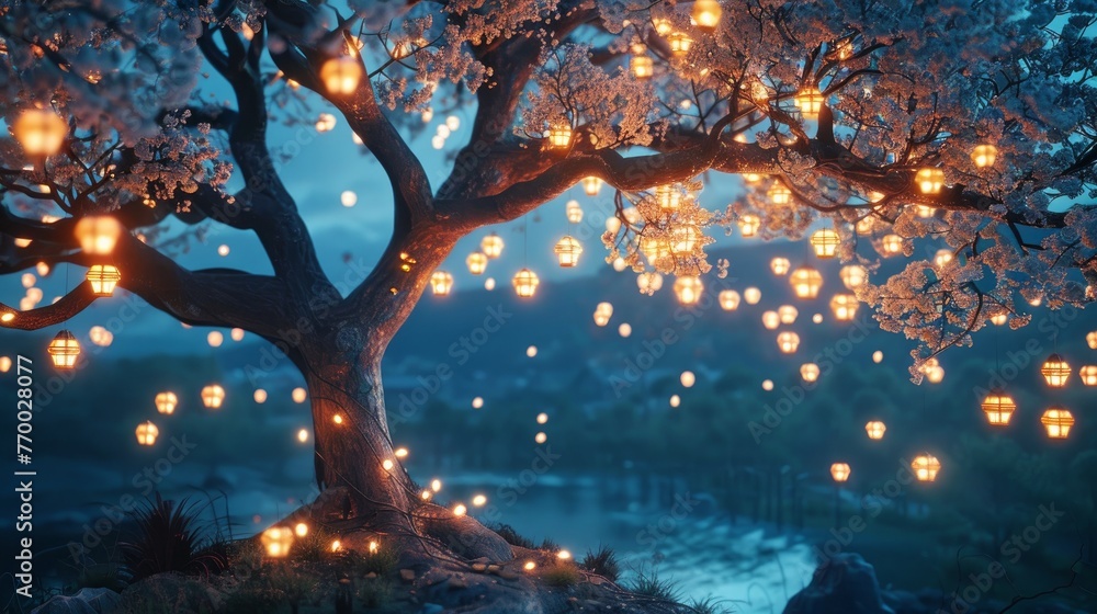 A tree that blooms with lanterns instead of flowers at night