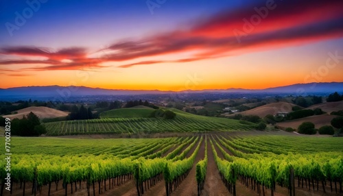 a sunset view of a vineyard with a field of vines and a mountain in the background