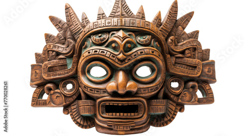A intricately carved wooden mask featuring mystical symbols and intricate details