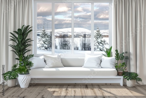 White living room interior with a sofa and window overlooking a winter landscape background