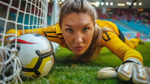 Woman in Yellow Soccer Uniform Laying on Ground