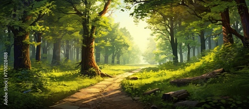 A natural landscape with a path surrounded by trees and sunlight filtering through the leaves  creating a peaceful and serene setting in the middle of a forest