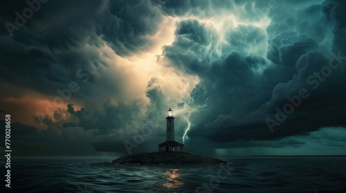 An isolated lighthouse during a thunderstorm photo