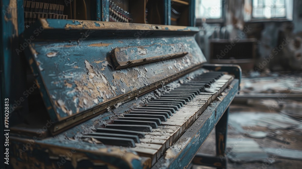 An old piano covered in dust in an abandoned building An old piano covered in dust in an abandoned building
