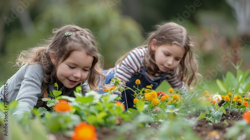 Two Little Girls Playing in Field of Flowers
