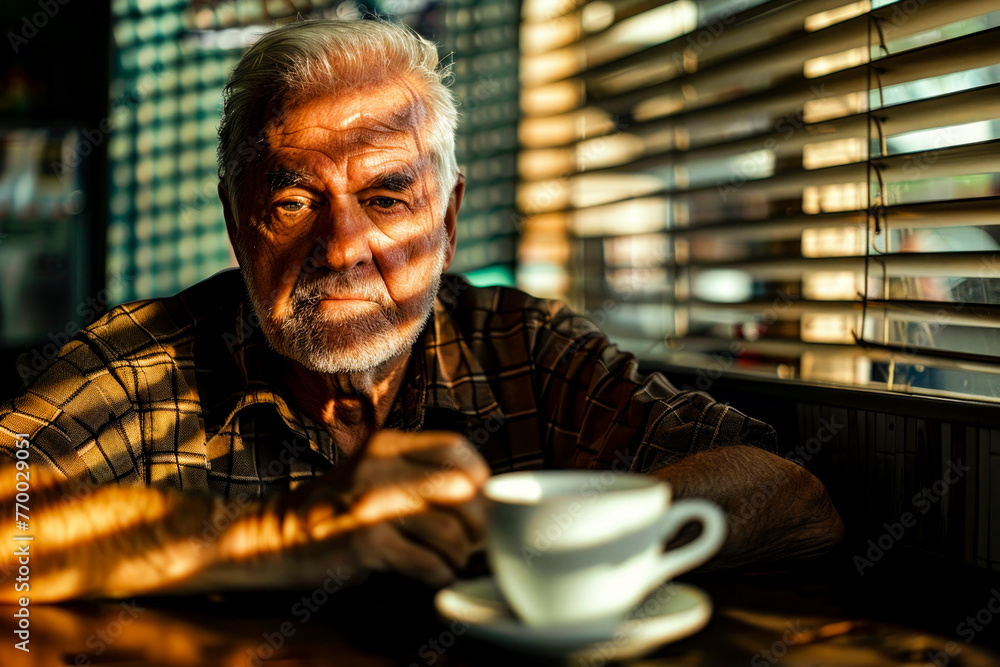 Ederly man with wrinkes and warm smile enjoying his morning coffee at a diner Ederly man with wrinkes and warm smile enjoying his morning coffee at a diner