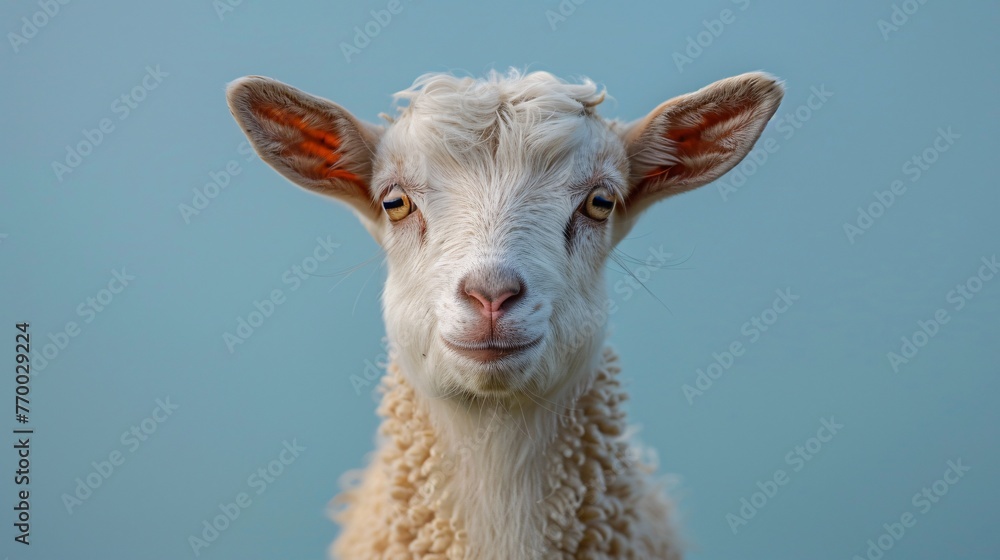 Obraz premium A portrait of a white goat with a serene expression against a soft blue background