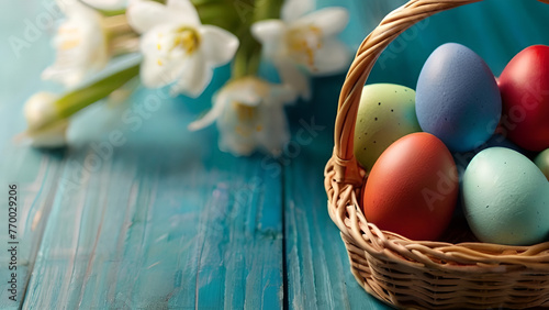Easter eggs in a basket, spring background, blue, green , red, gold, flowers, empty space on the left side, much sunlight photo