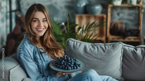 Woman Sitting on Couch Holding Plate of Berries