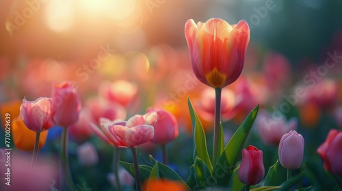 Pink and Yellow Tulips in a Garden