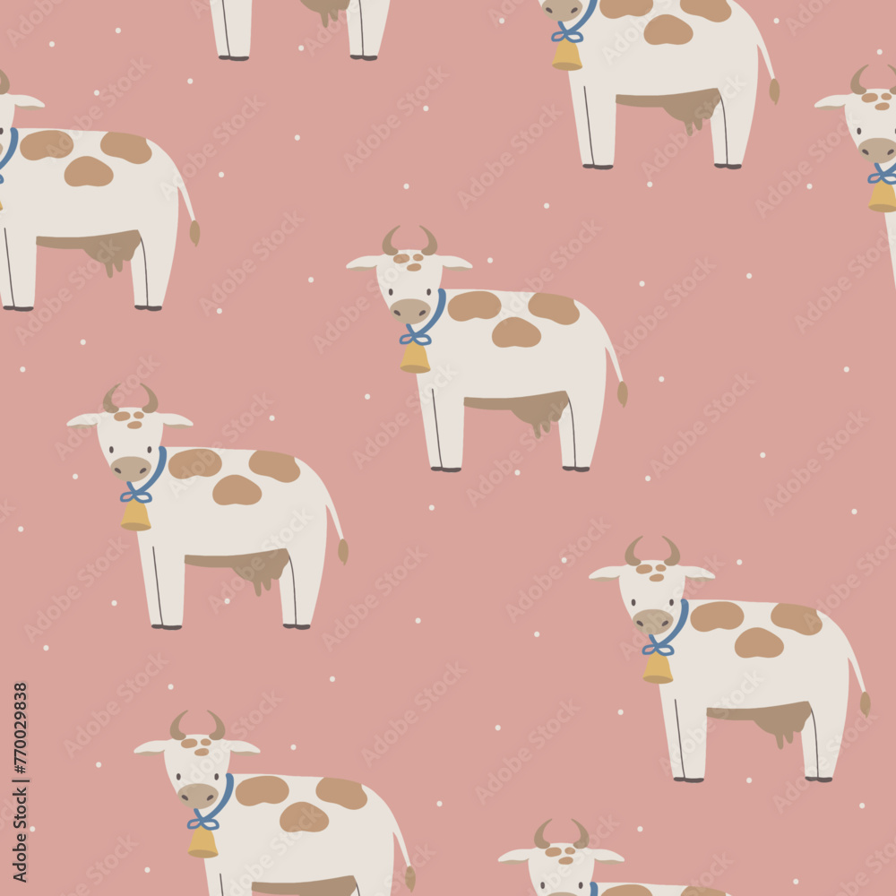 Cow seamless pattern hand drawn cute kids background vintage retro pallete	
