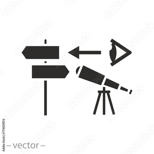road signpost icon, telescope vision, future pathway choice, flat symbol on white background - vector illustration eps10