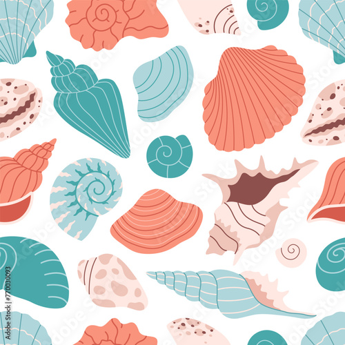 Seamless pattern with sea shells, mollusks, sea ​​snails. Tropical beach shells. Summer seamless pattern. Vector illustration in flat style