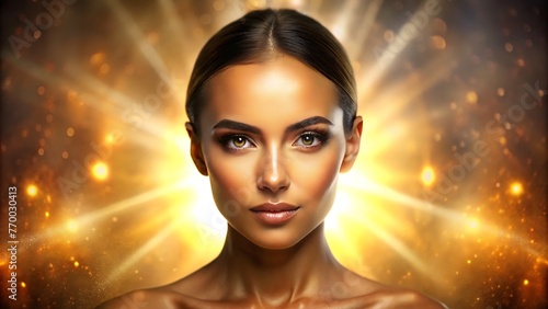 Generative ai. a woman with a golden light shining behind her, glowing magical shiny skin, ethereal vaporous tan skin, tanned beauty portrait