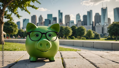 Tirelire cochon vert dans la ville - budget transition énergétique, économie durable et écologique - IA générative photo