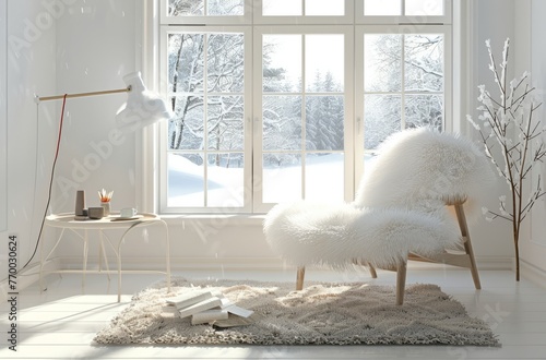 White room with window, white fur chair on the floor, carpet also on the floor, table and lamp in front of it