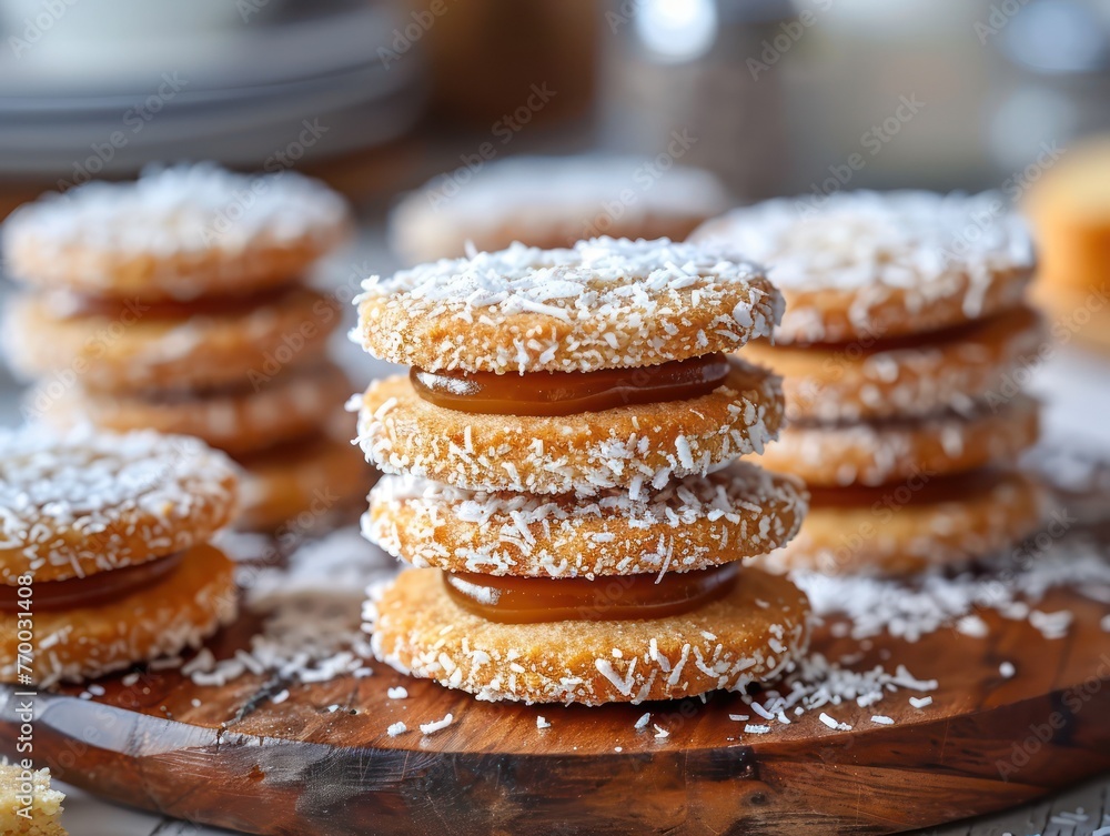 Close-up of Argentinian alfajores, shortbread cookies sandwiched with dulce de leche and rolled in coconut flakes