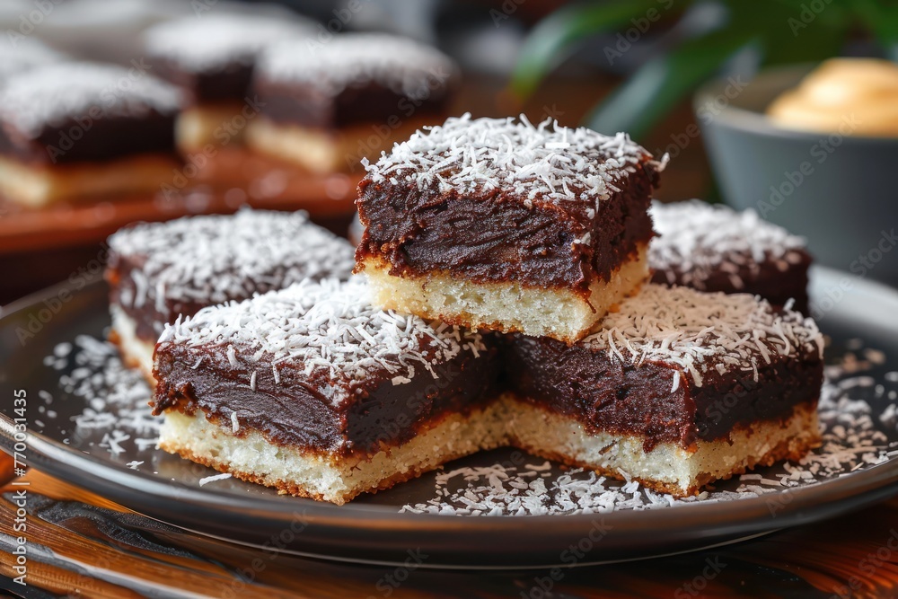 Close-up of Australian lamingtons, sponge cake squares coated in chocolate sauce and rolled in desiccated coconut