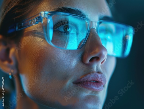 Close-up of an HR manager s facial expression, focused and attentive, as they engage with a holographic candidate in a VR interview