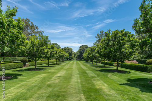 An elegant estate boasts a lush lawn and symmetrical trees under a clear blue sky.