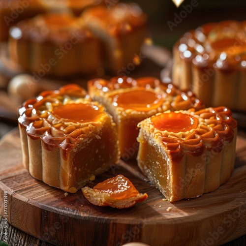 Close-up of Chinese mooncakes, traditional pastries filled with lotus seed paste and salted egg yolk, served during Mid-Autumn Festival photo