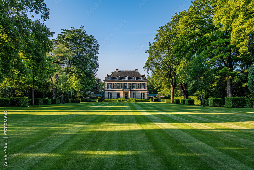 An elegant estate boasts a lush lawn and symmetrical trees under a clear blue sky.