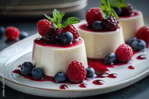 Close-up of Italian panna cotta, a molded chilled dessert topped with berry compote, embodying simplicity and elegance