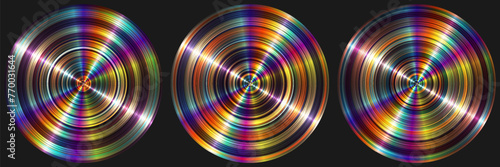 Set of colorful circular anisotropic surfaces. Abstract concentric brushed metal plates for creative geometric cover, music flyer, banner, poster. Round scratched shiny discs. Vector illustration