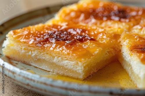 Close-up of Middle Eastern kunafeh, a pastry of finely shredded phyllo dough, soaked in sweet syrup and layered with cheese