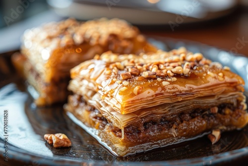 Close-up of Turkish baklava, layers of filo pastry, rich in syrup and chopped nuts