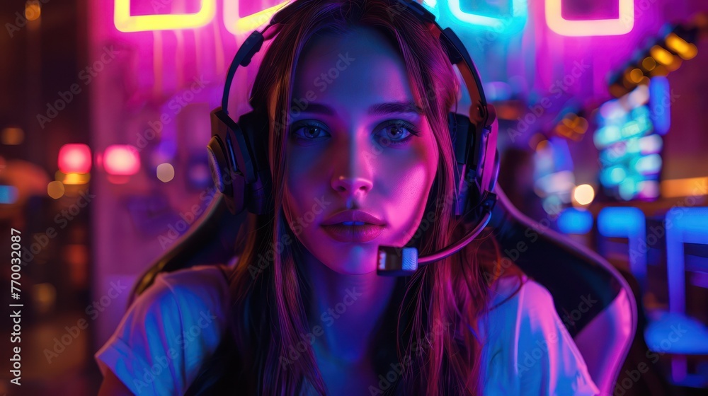 Medium shot of a female esports commentator announcing a win, neon signs of the event flickering in the background Medium shot of a female esports commentator announcing a win, neon signs of the event flickering in the background