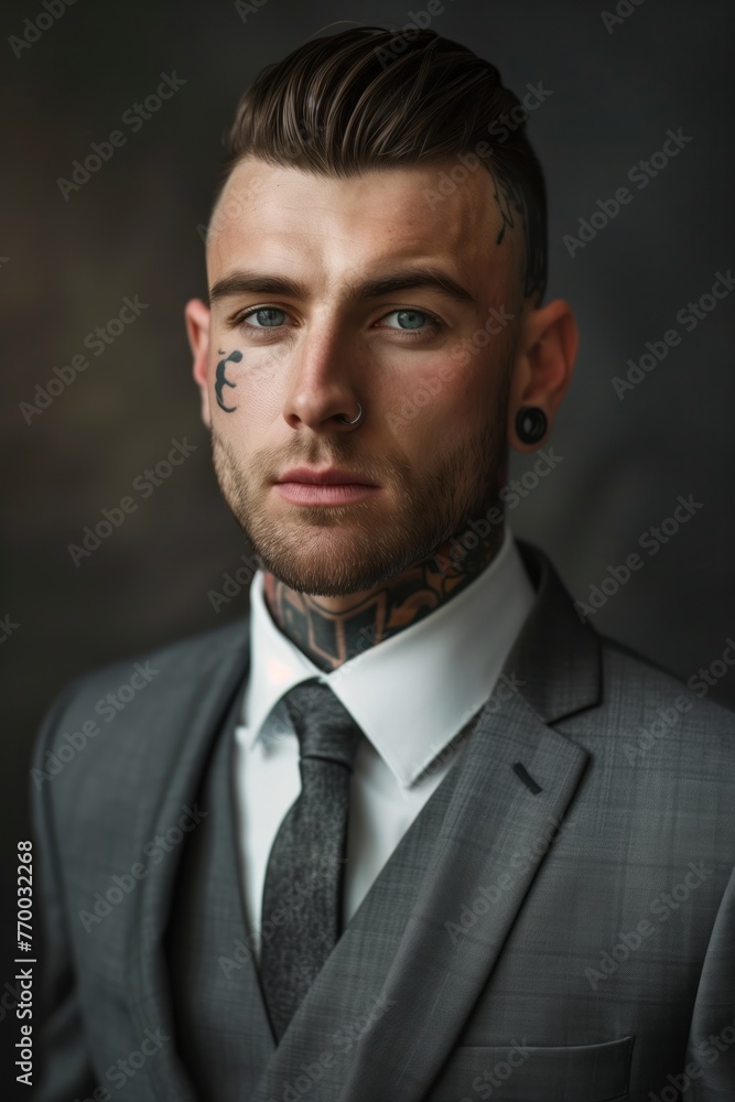 Tattooed businessman in a suit with colorful tattoos on his hands, neck, head and face, symbolizing an unconventional lifestyle. Tattooed businessman in a suit with colorful tattoos on his hands, neck, head and face, symbolizing an unconventional lifestyle.
