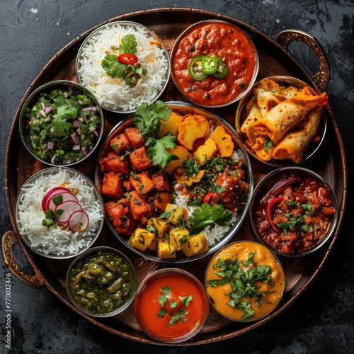 Medium shot of a vibrant Indian thali, featuring an assortment of dishes in small bowls on a circular tray