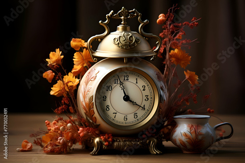 Vintage alarm clock and autumn flowers on wooden table. Still life