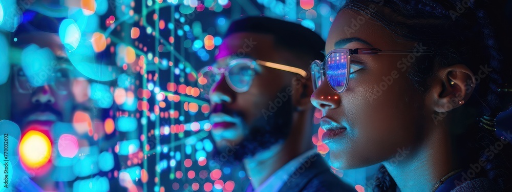 Medium shot of an HR manager and a team leader evaluating a candidate s holographic presentation Medium shot of an HR manager and a team leader evaluating a candidate s holographic presentation