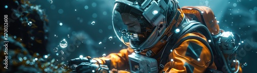 Medium shot of an engineer in a pressurized suit, using holographic controls to navigate an underwater drone photo