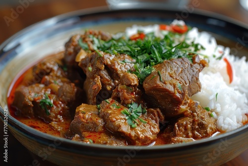 Medium shot of an Indonesian rendang curry, highlighting the slow-cooked meat s caramelization photo