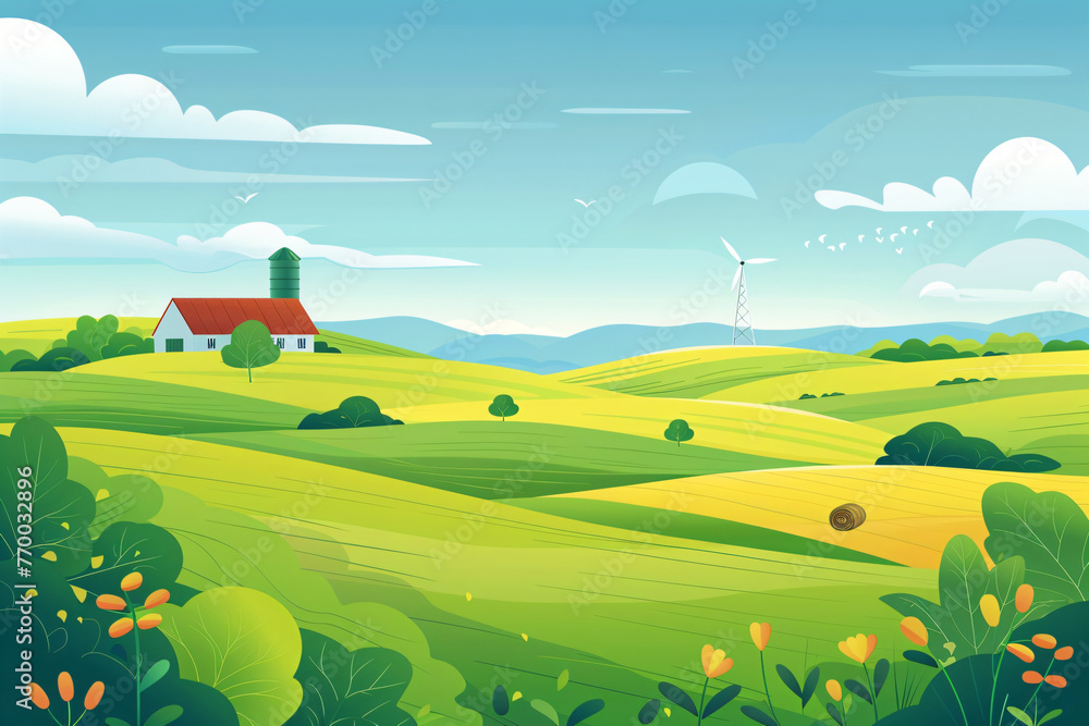 Fototapeta premium Rural landscape with a farm on field. Beautiful nature with sunny green hills, red old barn and blue sky. Country background for card, banner, poster