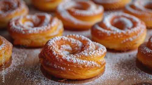 Medium shot of Icelandic kleinur  twisted doughnuts  fried and lightly dusted with powdered sugar