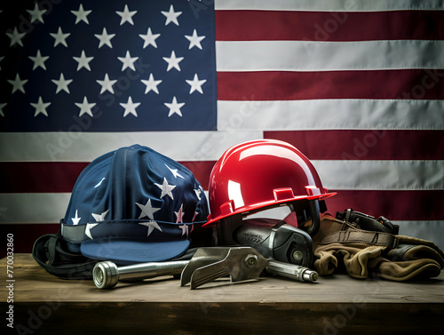 Helmet. gloves and other construction tools on American flag background. © Wazir Design