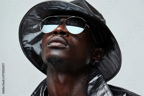 Generative AI brings to life this edgy portrayal of a black man in metallic fashion with reflective sunglasses. Generative AI photo