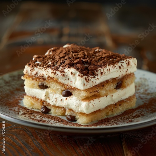 Medium shot of Italian tiramisu, layers of coffee-soaked ladyfingers and mascarpone cheese, dusted with cocoa