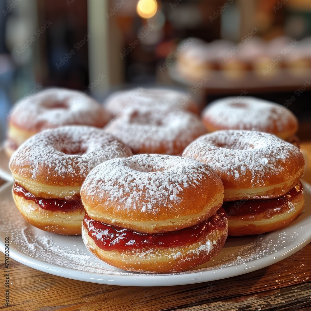 Medium shot of Polish paczki, doughnuts filled with jam and dusted with powdered sugar, a Fat Thursday tradition Medium shot of Polish paczki, doughnuts filled with jam and dusted with powdered sugar, a Fat Thursday tradition