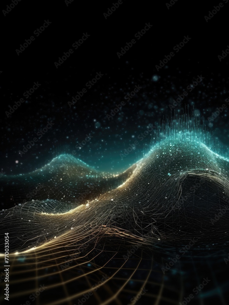 Futuristic glowing 3D landscape with blue, yellow glowing particles