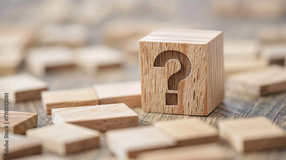 There is wooden cube with question mark on it on the table. The concept of unresolved problems when developing, creating or running a business There is wooden cube with question mark on it on the table. The concept of unresolved problems when developing, creating or running a business