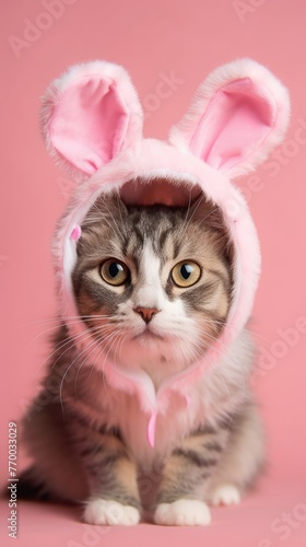 Gray, white cat wearing pink bunny costume © Tamazina