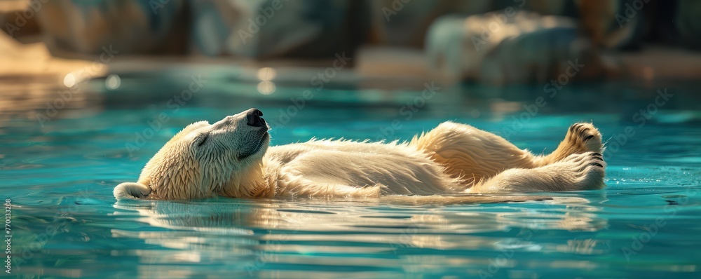 Obraz premium Polar bear enjoying a lazy summer day floating on a pool in a shaded area