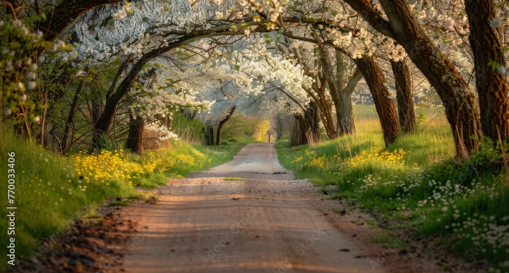 Rural path leading through a tunnel of blooming trees, inviting walks under a canopy of flowers.